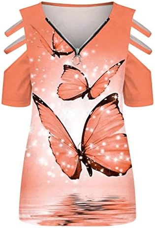 Bumbac Maneca lunga pentru femei femei V gât Zip off umăr Top fluture imprimare T Shirt scurt femeie Tricouri vara