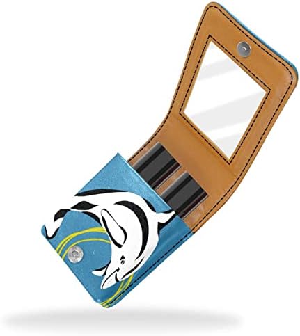 Carcasă de ruj ORYUEKAN cu oglindă Geantă de machiaj portabilă drăguță pungă cosmetică, animal artistic delfin albastru
