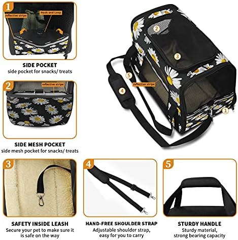 Pet Carrier Bag Acuarelă Alb Daisy Model Negru Fundal Mic Câine Cat Pui Moale-Verso Portabil Travel Bag