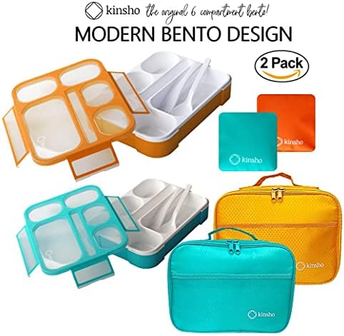 Kinsho Mini Lunch-Box Snack Containere pentru copii + Bento Box cu pungă de prânz și set de pachete de gheață | 2 cutii, pungi, pachete reci pentru copii adulți