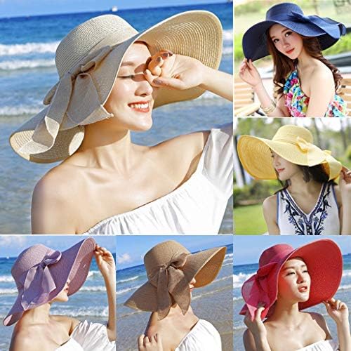Femei Fashion Sun Sun Praw Pălărie largă Brim Roll Up Lounce Beach Bowknot Floppy Protection UV Protecție Plajă Călătorie Foldabilă