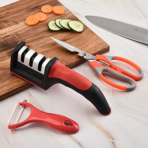 HUANGXING-ascuțitoare de cuțit, ascuțitoare manuală de bucătărie în 3 etape cu foarfece și răzuitoare, mâner antiderapant cu
