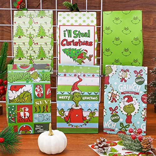 Anydesign 48pcs Christmas Treat Goodie Bag 6 Design Bag de cadou de hârtie de Crăciun cu 48 pcs autocolante amuzante personaje