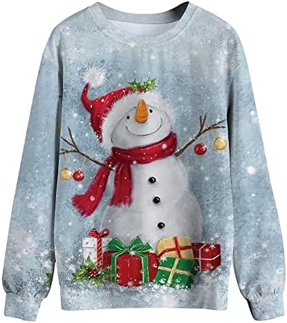 Pulover urât de Crăciun pentru femei amuzant drăguț om de zăpadă Print Maneca lunga Tricouri noutate X-Mas Crewneck Bluze