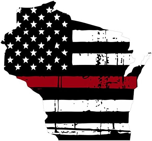 Wisconsin Tattered Thin Red Line 3,9x4.3 inch Flag Onorând bărbații și femeile noastre de aplicare a legii și pompieri SUA AMERICA Simbolul Simbolului Simbol Decalare Decal Vinil tăiat - Fabricat și expediat în SUA