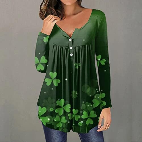 Cggmvcg St Patricks zi camasa femei maneca lunga femei FashionPrinted Henley T Shirt butonul de sus St Patricks zi Îmbrăcăminte