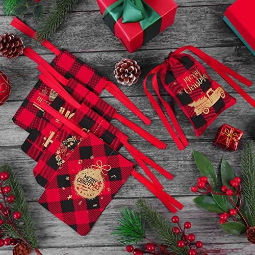 Aneco 24 de bucăți de Crăciun Bronzing Gold Drawstring Bag cadou roșu și negru bivol din țesătură din țesături din țesătură