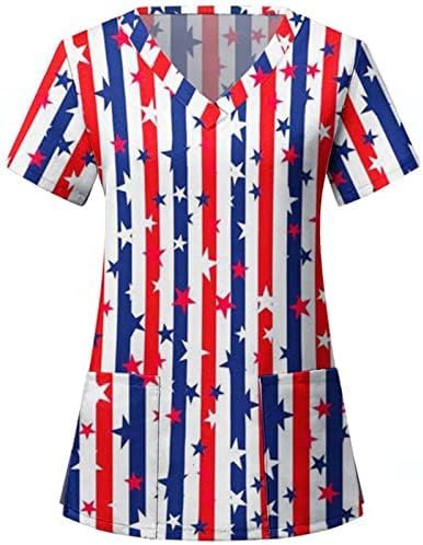 4 iulie T-shirt pentru femei SUA pavilion vara maneca scurta V-Neck T-Shirt cu 2 buzunare Bluza Top vacanță Casual Workwear