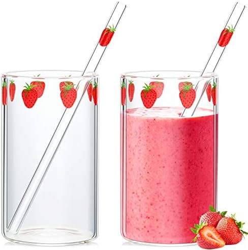 2 seturi cupe de căpșuni ceașcă de sticlă de căpșuni cu paie pahar de sticlă minunat pahar de căpșuni pahar clar drăguț cu