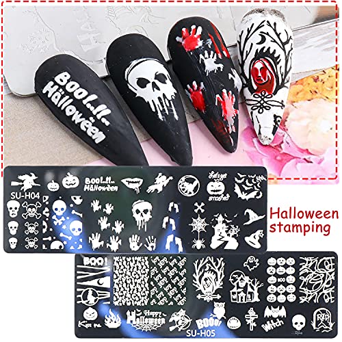 Zizeo Halloween Nail Stamper Kit 6 PC -uri Plăcile de ștampilare a unghiilor +1 Stamper +1 Racper, Horror Craniu Spider Ghost