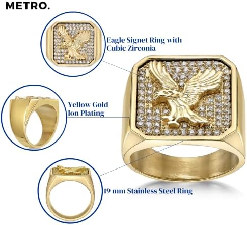 METRO JEWELRY Eagle Signet Inel pentru bărbați în oțel inoxidabil cu placare cu ioni de aur galben și zirconiu alb alb - dimensiunea
