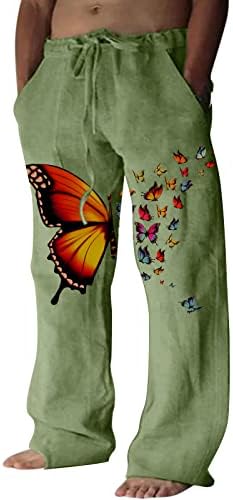 Meymia Mens Bumbac Pantaloni de lenjerie de bumbac casual Mid Rise Butterfly Print Fit Fit Drawstring Talie Harem Pantaje