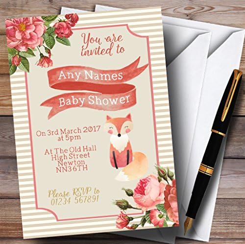 Dungi Florale Roz Aur Fox Invitatii Baby Shower Invitatii