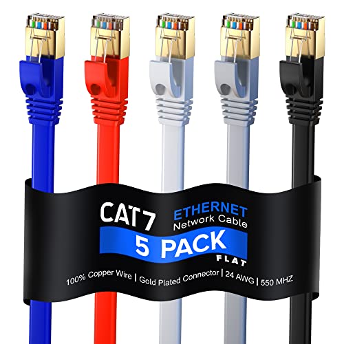CAT 7 Ethernet Cable 3 ft - Cu un design plat, cu economie de spațiu, cablu de patch LAN de mare viteză, conectori RJ45 - [3ft