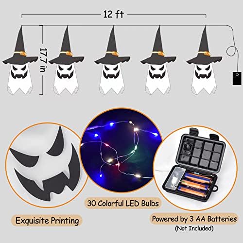 Decorații de Halloween Lumini de coarde suspendare în aer liber, 12ft 30 LED -uri luminate 5 buc înfricoșătoare pălărie vrăjitoare