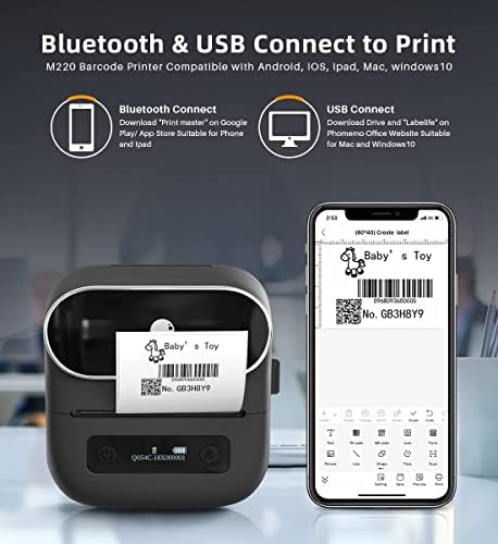 Producător de etichete Phomemo M220 - imprimantă de coduri de bare de 3,14 inci-mașină portabilă de autocolante Bluetooth,