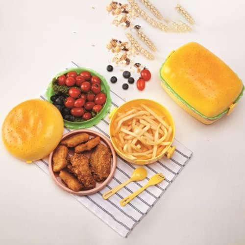 Yfeiqi hamburger drăguț, cutie de prânz portabilă cu 3 straturi, cutie de salată, cutie de prânz încălzită cu microunde, hamburger