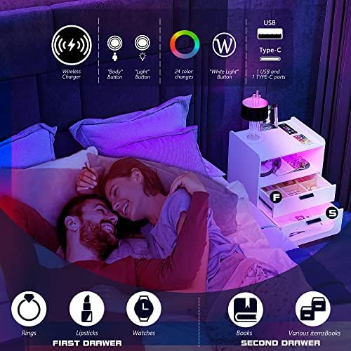 Noptieră Gurexl RGB cu stație de încărcare fără fir și porturi USB Senzor Auto LED 24 Color Dimmable pentru mobilier de dormitor,noptieră