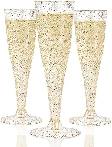 Jolly CHEF 100 Pack plastic Champagne flauturi de unică folosință 4.5 Oz aur Glitter plastic pahare de șampanie Perfect pentru nunta, Ziua Recunostintei, Crăciun