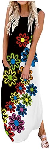 Rochii de vară pentru femei 2022 Loose Casual Maxi Femei Fără mâneci imprimare florală rochie Maxi cu fante lungi de buzunar