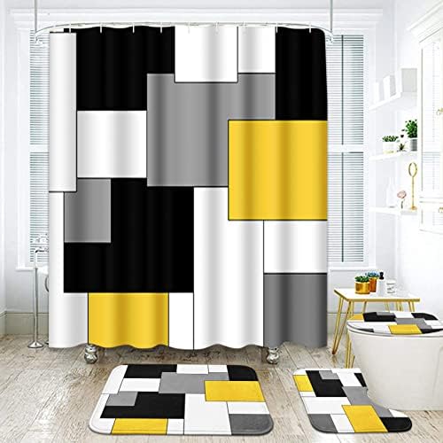 Galben negru gri seturi moderne de baie cu perdele de duș și covoare și accesorii, seturi moderne de perdele de duș, perdele