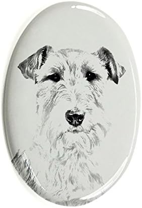 Fox Terrier, piatră funerară ovală din plăci ceramice cu imaginea unui câine
