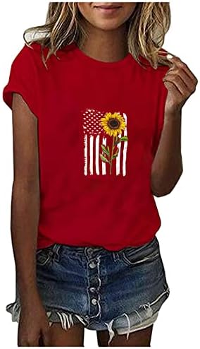 American Flag Flower Sunflower Tricouri pentru femei 4 iulie Ziua Independenței Crewneck Tricou Tricou cu mânecă scurtă cu