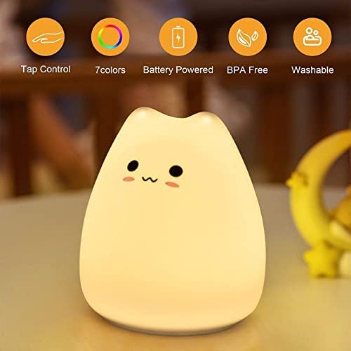 LED Cat Night Light pentru copii, Cute Nursery Color Changing Kids Night Light with Tap Control, Battery Powered Squishy Silicon