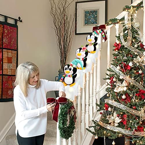 Decorare a scărilor de Crăciun, ghirlandă de zăpadă luminată pentru Banister Decorare de Crăciun cu pinguini glisante umplute,