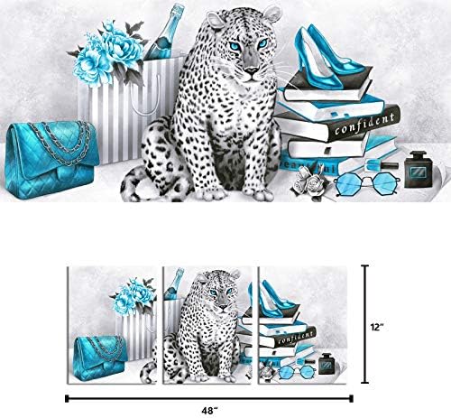 Visual Art Decor Glam Fashion Imagine Turquoise Blue Grey Art Artă leopard Cărți cu tocuri înalte Pantofi parfumuri Canvas