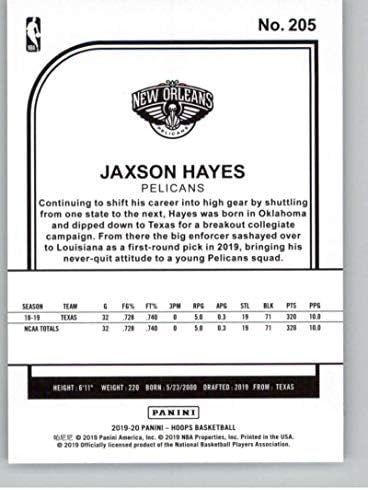 2019-20 Panini Hoops 205 Jaxson Hayes New Orleans Pelicans RC Rookie NBA Basketball Trading Card