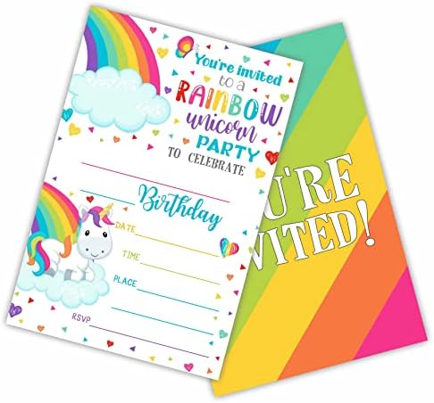 Invitații de ziua de naștere Rainbow Unicorn, adorabile cărți de invitație de completare cu două fețe pentru petreceri de naștere