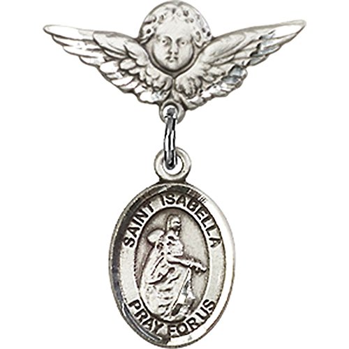 Insigna pentru bebelusi din argint sterling cu farmecul Sf. Isabella din Portugalia si insigna Angel w / Wings Pin 7/8 X 3/4
