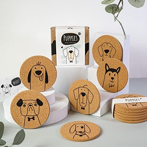 Puppies Dog Dog Cork Coasters - Cu cutie, cadou pentru iubitorii de câini, rotund, 6 bucăți set, coaster ecologic set cu câini