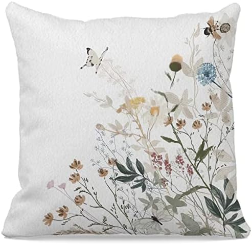 Oflich Flower Wild cu fluture și albină cu pernă de 18 ″ × 18 ″, Elegant acuarelă botanică de pernă decorativă pentru casă