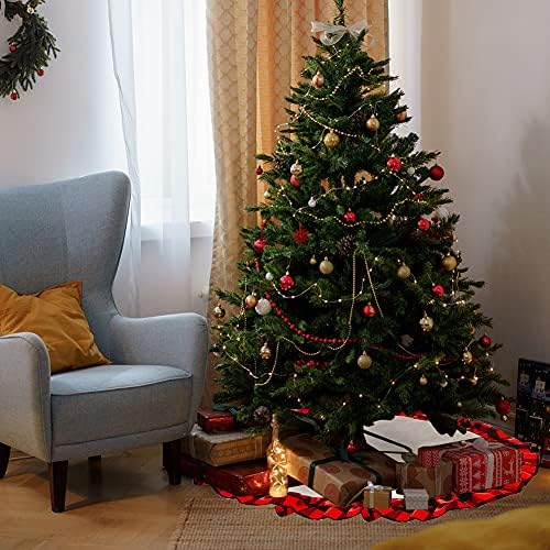 Fustă de brad de Crăciun de 48 inci, fustă de copac cu bivol negru și roșu, fustă de copac de burlap mare pentru decorațiuni
