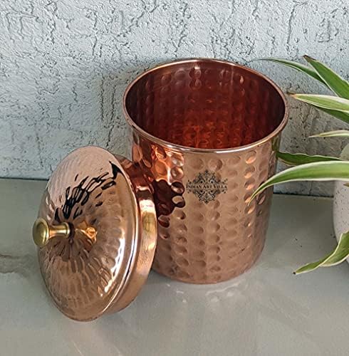 Indian Art Villa Pure Copper Pure Chammered Design Box/Container cu buton de alamă deasupra, volum-30 oz, set de 2