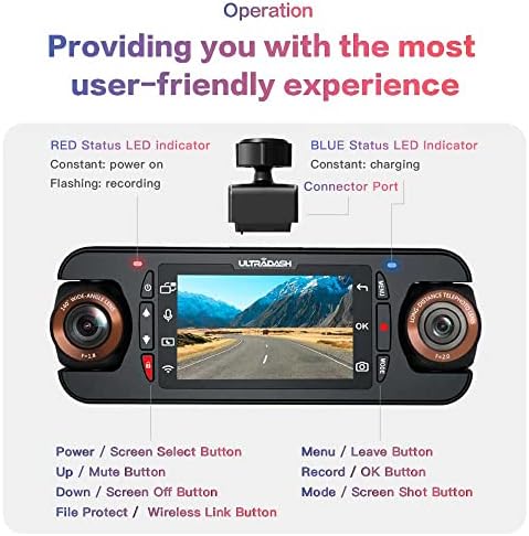 Ultradash Z3+ Standard Edition-Dual Lens Dash CAM HD 2K 1440P, Telepune obiectiv de zoom, unghi larg de 140 °, LCD de 2 , G-senzor,