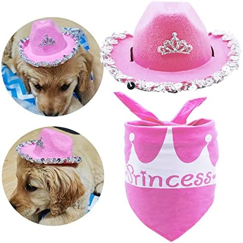 Pet Show 2pcs Pink Pink Mic Dog Cowboy pălărie cu bandana tiara cow girl pălărie câine bandana vest cowboy costume accesorii