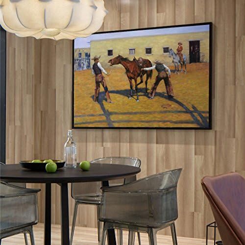 Prima sa lecție - Frederic Remington Reproducere pictată de ulei pictat manual, doi cowboy calmează o scenă de cai sălbatici,