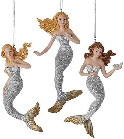 Kurt Adler Silver and Gold Under The Sea Sirenas Ornamente de vacanță Set de 3