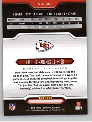 2019 Panini Playbook 38 Patrick Mahomes II Kansas City Chiefs NFL Card de tranzacționare a fotbalului