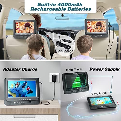 DVD portabil cu ecran dual de 10 ”pentru desobry auto, player portabil reîncărcabil portabil pentru mașina 2 ecrane suportați