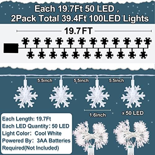 [2 pachet + cronometru] Total 100 LED 39,4ft Crăciun cu fulgi de zăpadă Lumini decorare, lumini de Crăciun cu baterie de Crăciun