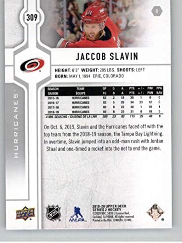 2019-20 Punctul superior 309 Jaccob Slavan Carolina Hurricanes Seria 2 NHL Hockey Card de tranzacționare