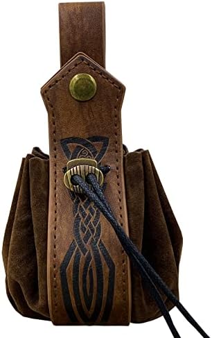Hiifeuer Husă cu șnur din piele artificială medievală, poșetă portabilă pentru monede nordice Retro, Geantă de zaruri cu curea