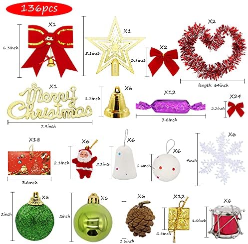 VKTCD Mini Christmas Tree Decoration, 136pcs Christmas Tree Decoration Set cu Star Tree Topper, ornamente de Crăciun pentru