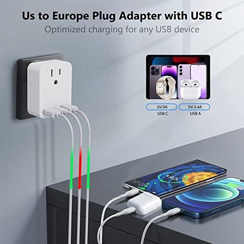 Adaptor de mufe de călătorie europene cu USB C, LiFiyirc SUA în Europa Adaptor de plug -uri cu 3 încărcător USB, adaptor internațional