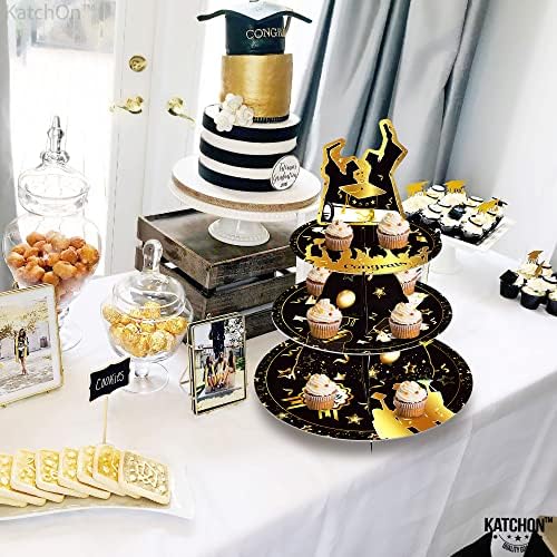 Katchon, Stand de cupcake de absolvire 2023-3 Tiers, suporturi de cupcake negru și auriu | Garnituri de cupcake de absolvire