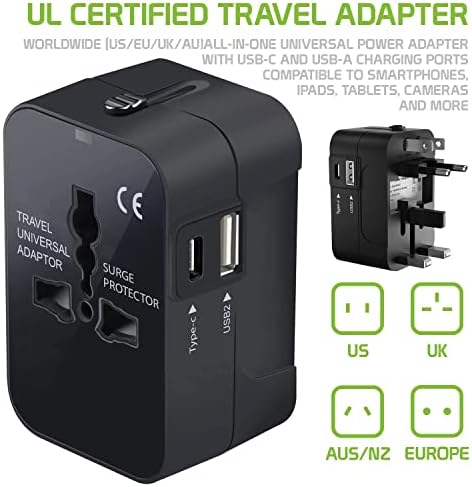 Travel USB Plus International Power Adapter Compatibil cu Samsung SM-T237 pentru puterea mondială pentru 3 dispozitive Typec